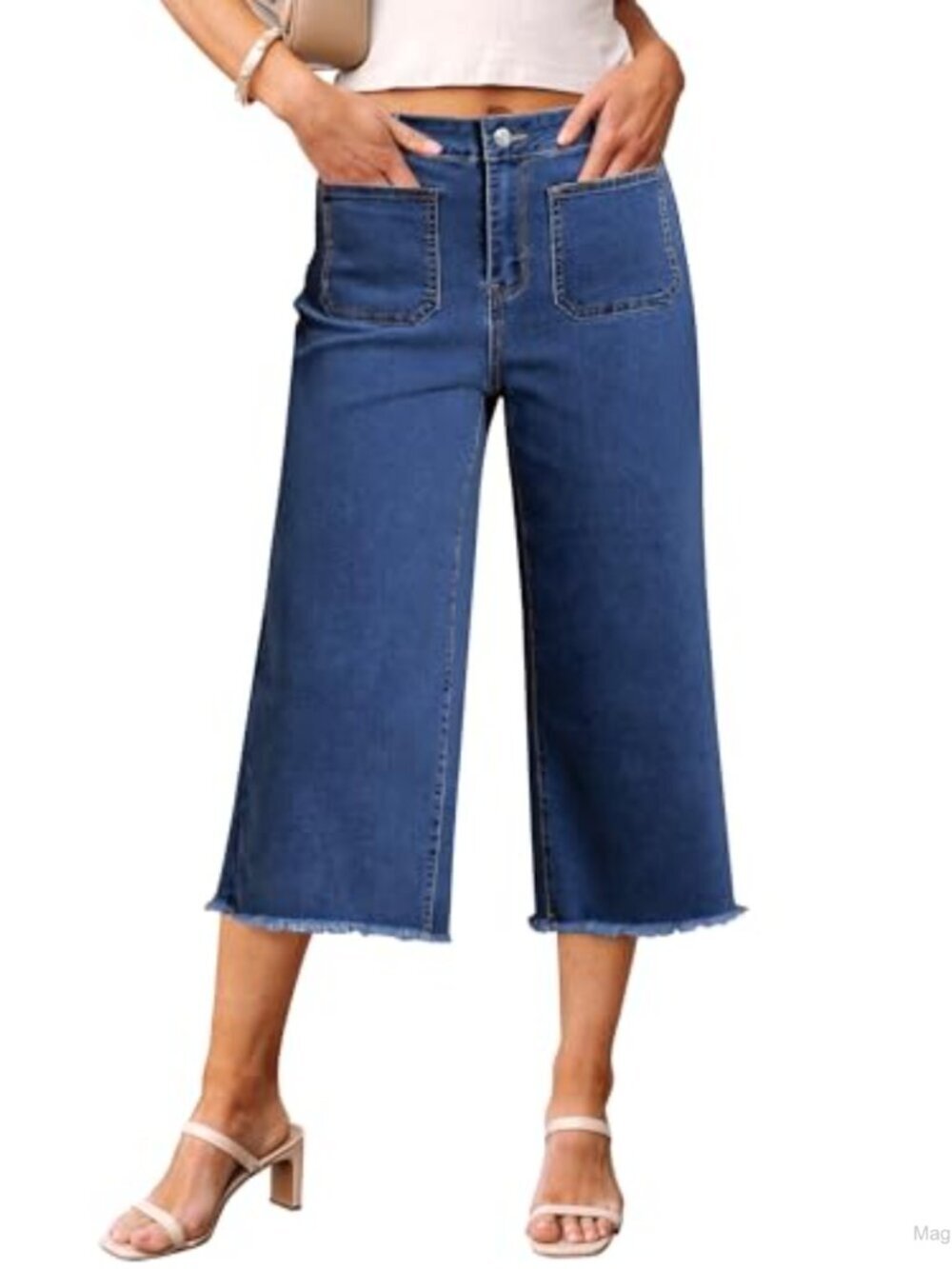 Women's High Waisted Wide Leg Cropped Capri Jeans Stretch Cotton Blend